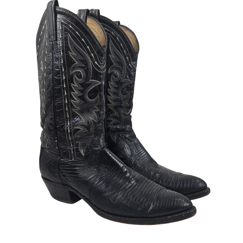 Vtg Dan Post 16830 Black Teju Lizard Cowboy Boots Mens 9 D Made in USA Western